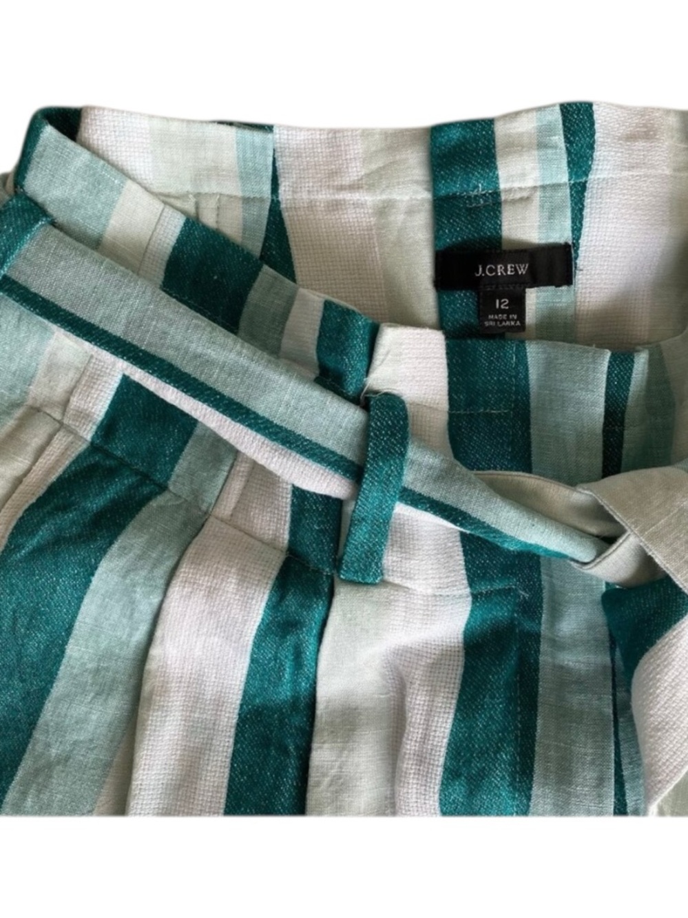 J.Crew Linen Stripe Crop Pants Tie Waist Wide Leg Teal White 12 - Picture 5 of 8